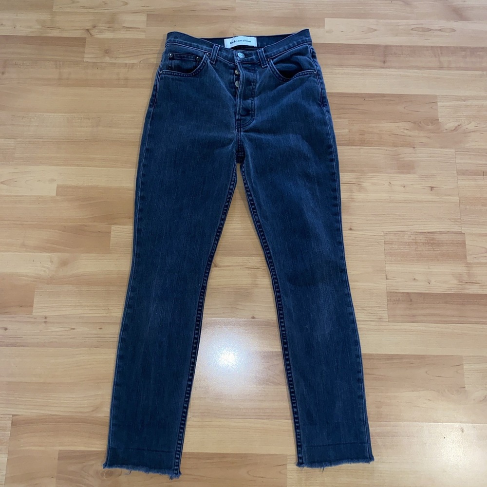 Reformation Jeans Serena High Rise Skinny Crop Black Wash Denim Size 26